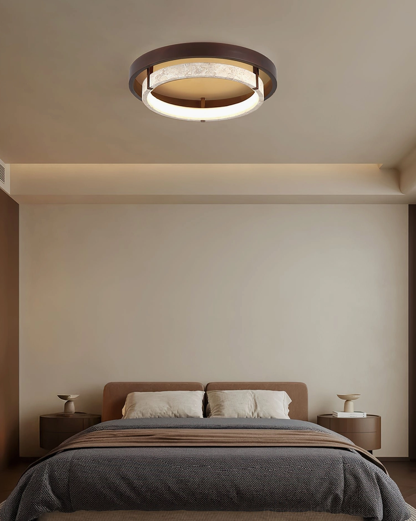 Cirvela ceiling light, wide room view in luxury residential interior with warm neutral palette