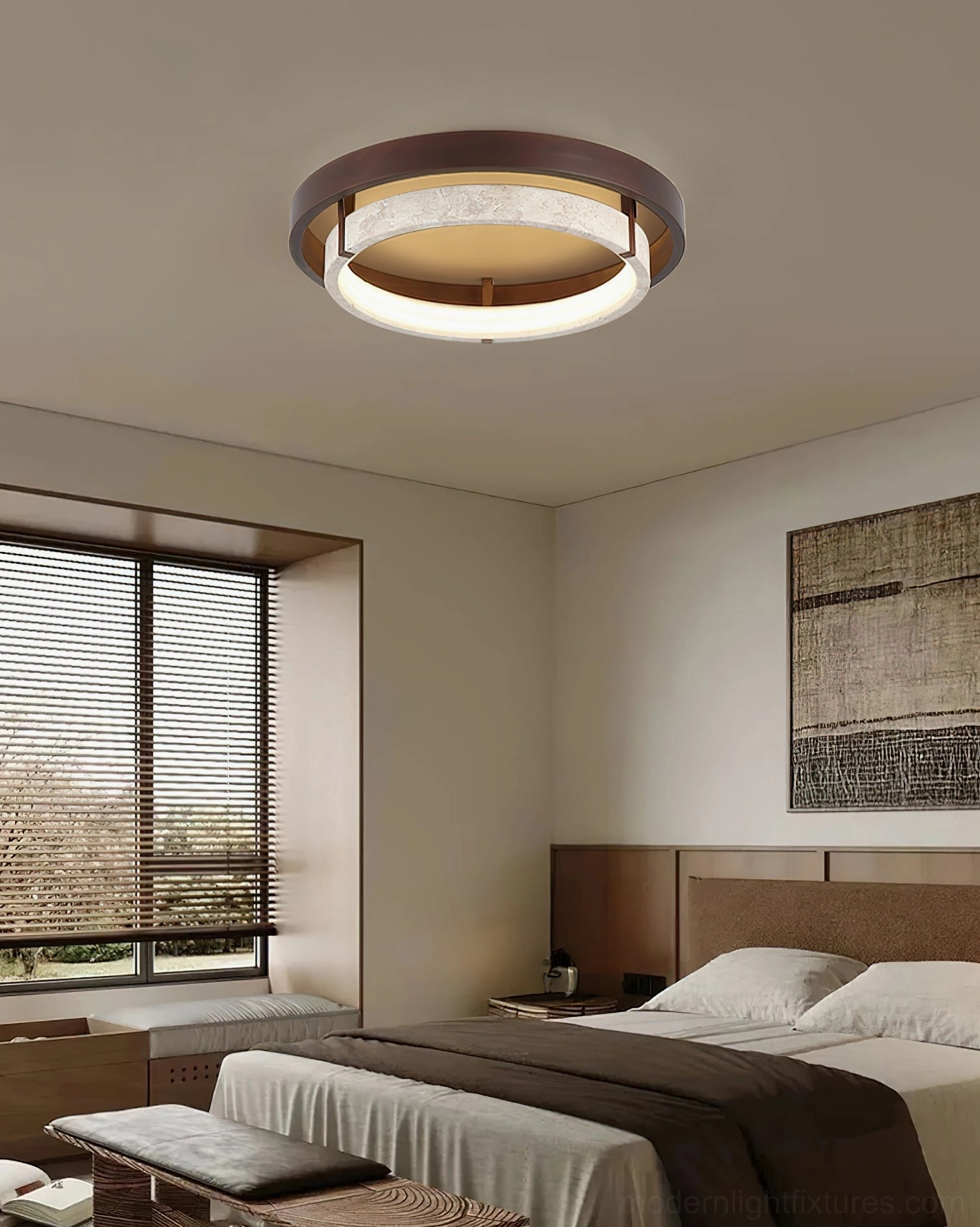 Cirvela modern travertine ceiling lamp, overhead installation in contemporary home design space