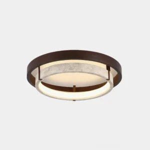 Cirvela modern travertine ceiling light fixture, front flat lay view showing dual-ring design with warm LED diffuser