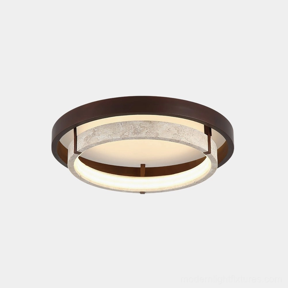 Cirvela modern travertine ceiling light fixture, front flat lay view showing dual-ring design with warm LED diffuser
