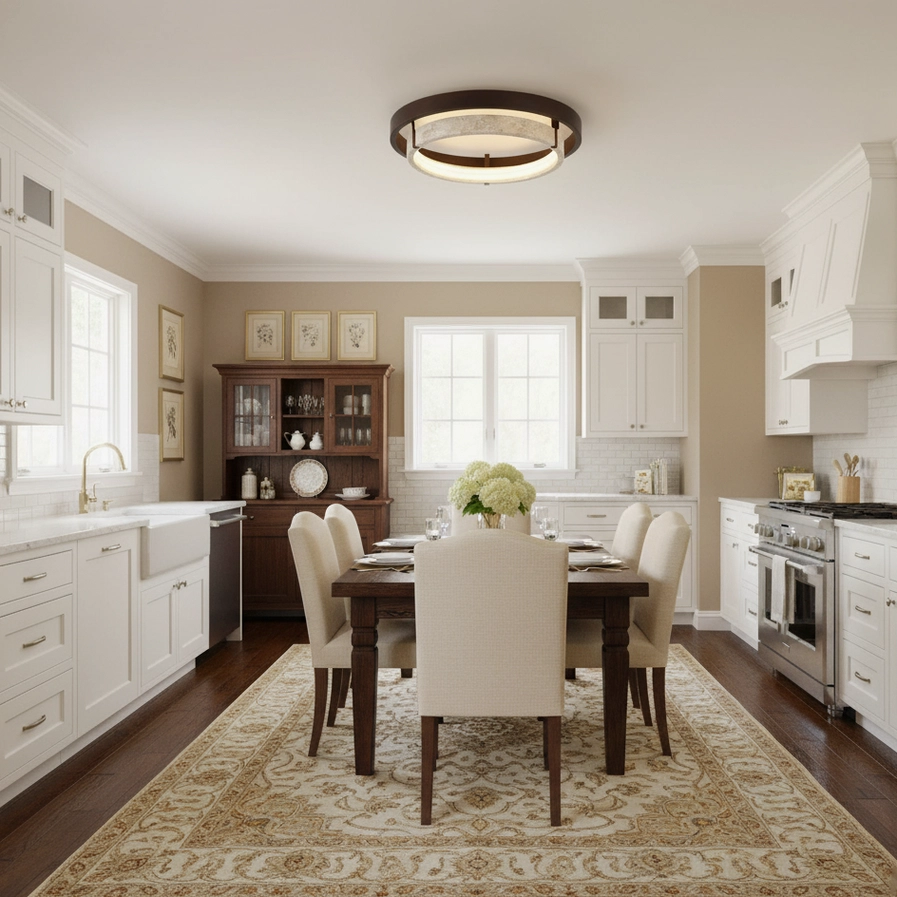 Cirvela travertine ceiling light installed in open-plan kitchen and dining space, warm farmhouse home decor