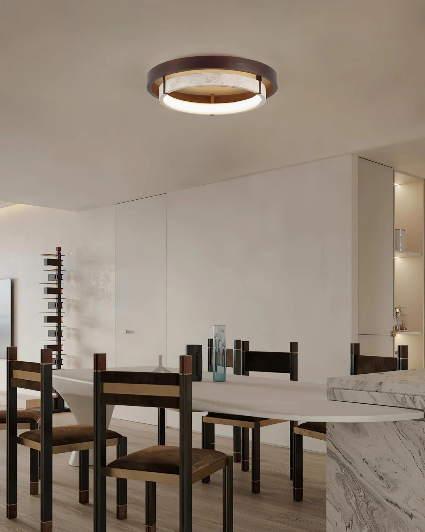 Cirvela travertine ceiling light fixture in elegant master bedroom, soft warm ambient lighting effect