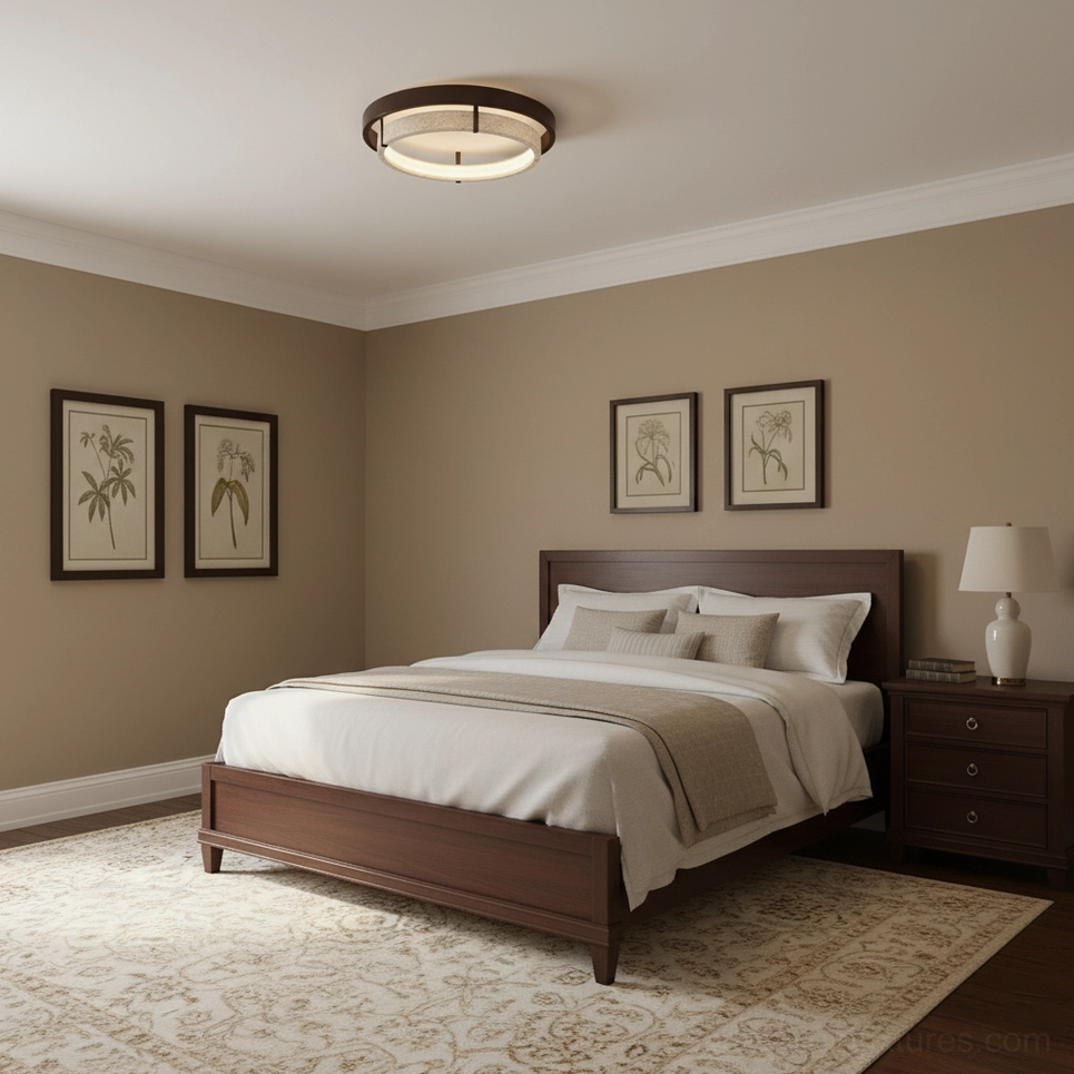 Cirvela travertine ceiling light, wide room perspective in neutral modern interior design setting