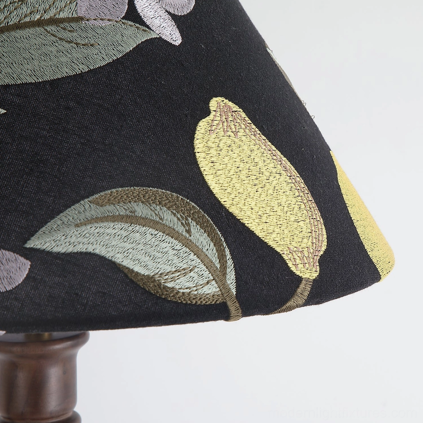 Citrina floor lamp with black wooden base and citrus-inspired fabric shade