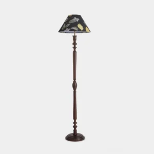 Citrina modern floor lamp with walnut wooden base and citrus-print fabric shade on white background