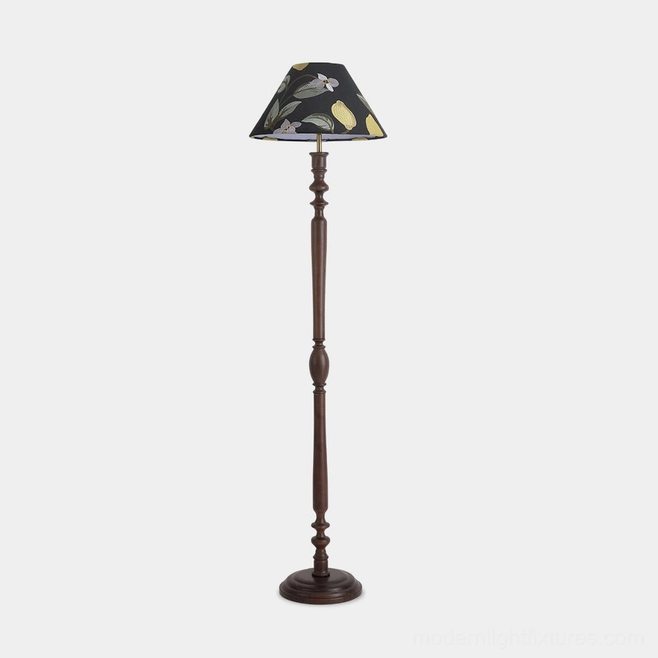 Citrina modern floor lamp with walnut wooden base and citrus-print fabric shade on white background