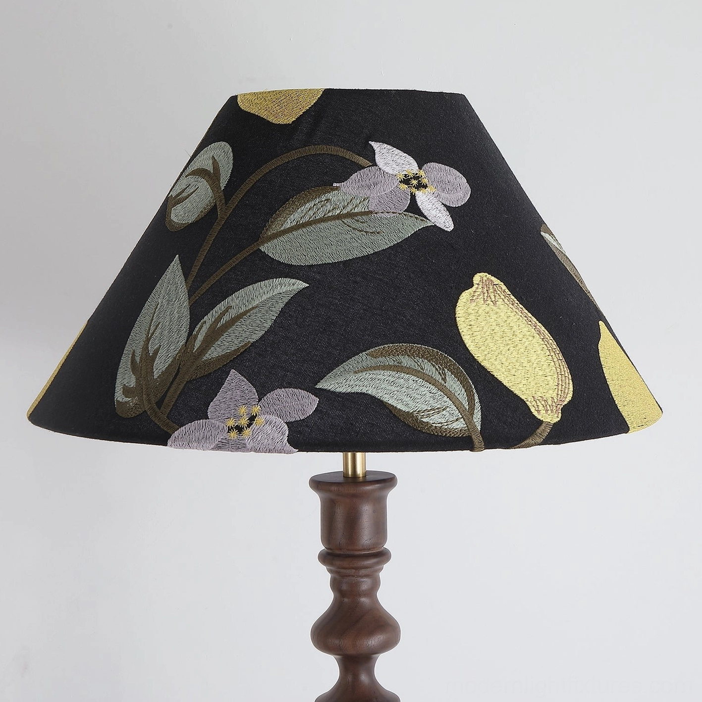 Close-up of Citrina lampshade showing embroidered floral and lemon motifs detail