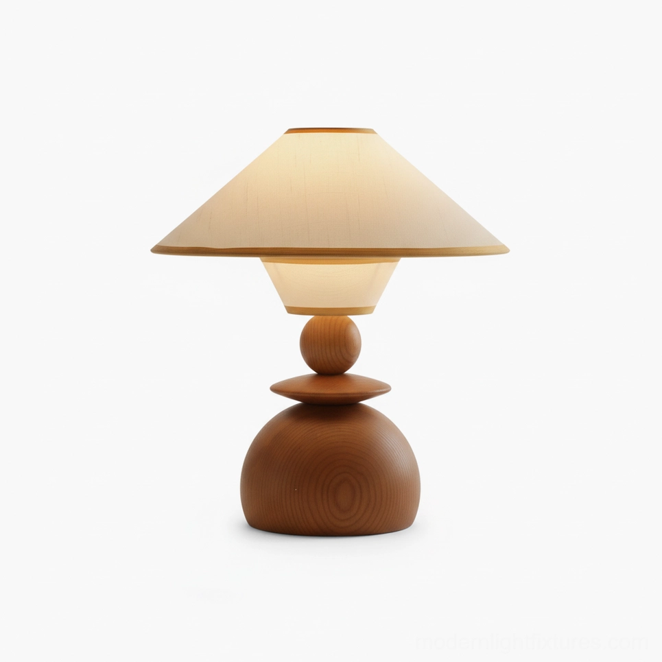 Citrus Dome Table Lamp with beige two-tier fabric shade and warm wooden base on white background