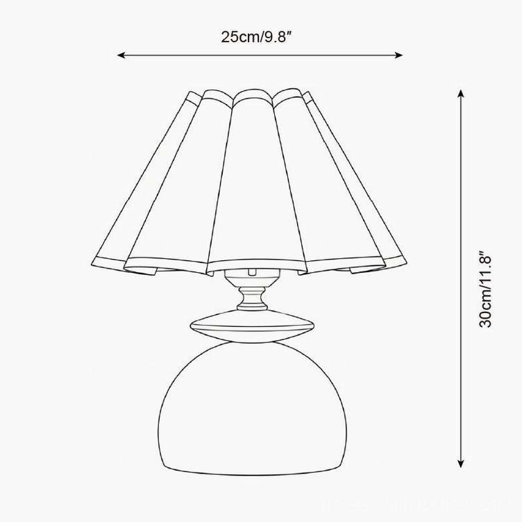 Design sketch of Citrus Dome Table Lamp showing pleated shade profile, 25cm diameter, 30cm height dimensions