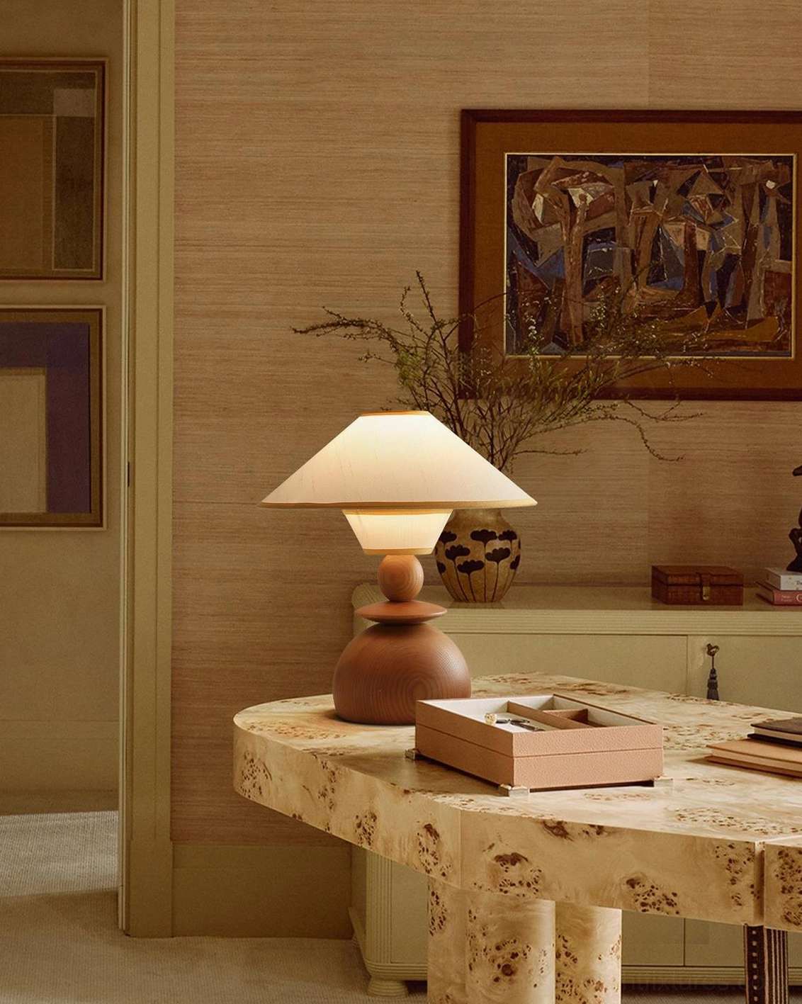 Modern dome table lamp with retro wabi-sabi aesthetic positioned on luxury residential tabletop, side view