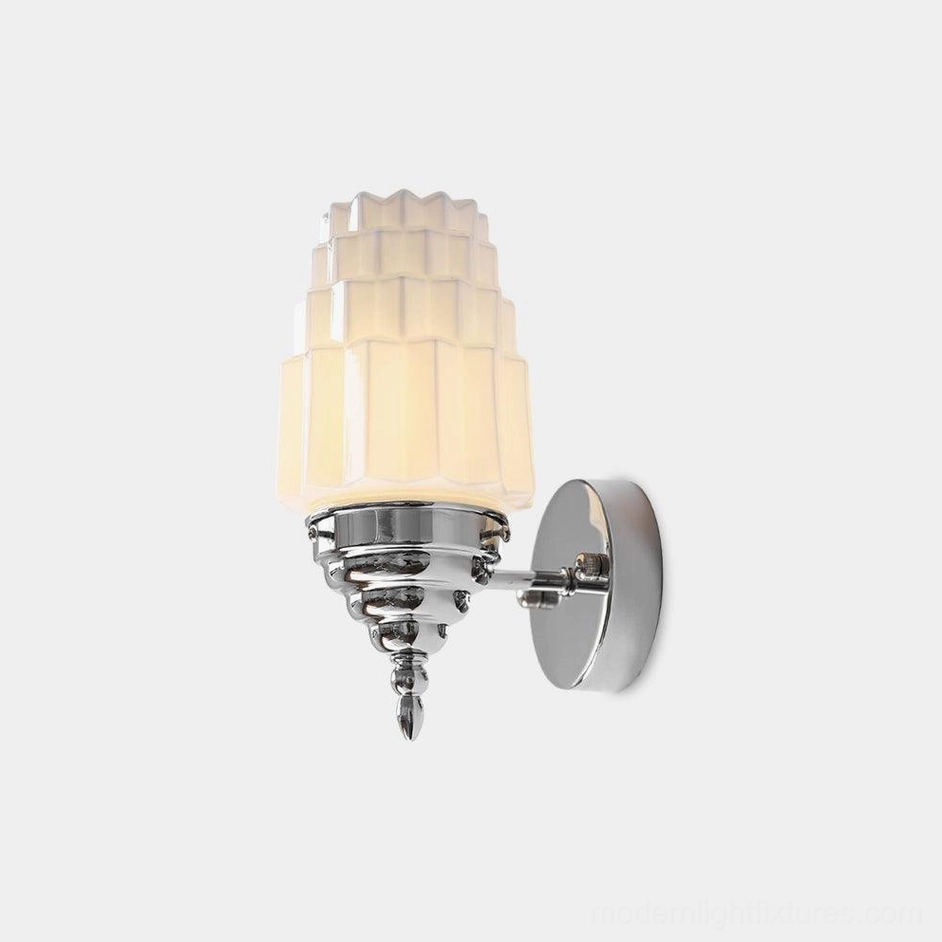 Clairmont chrome art deco wall sconce with tiered frosted glass shade and teardrop crystal finial front view