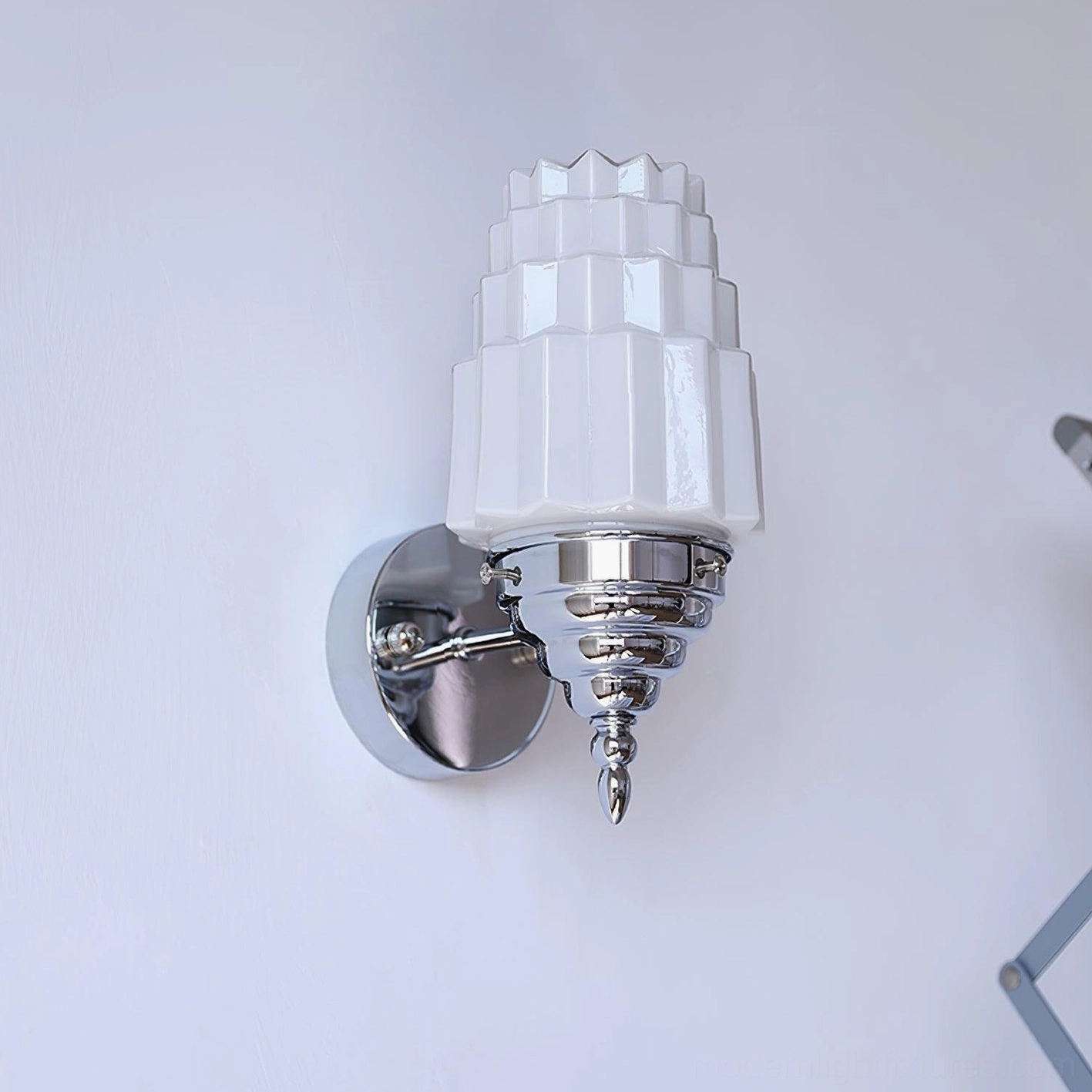 Clairmont chrome wall sconce left side view unlit frosted glass shade