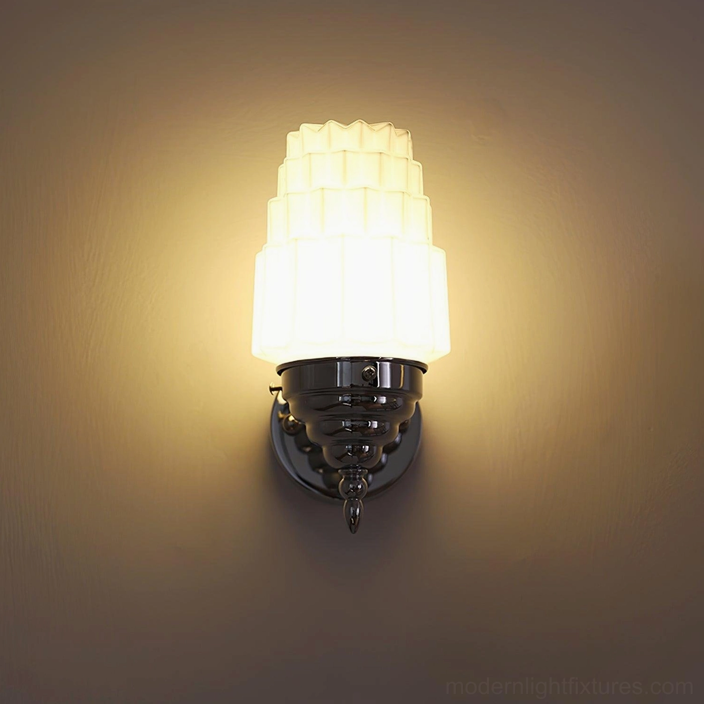 Clairmont art deco wall sconce tiered frosted glass shade chrome hardware detail