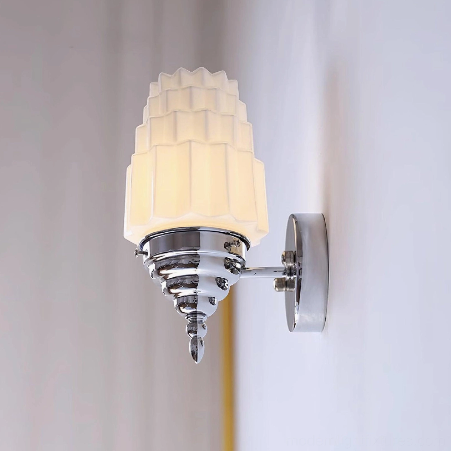 Clairmont chrome frosted glass wall sconce bathroom vanity lighting close-up detail