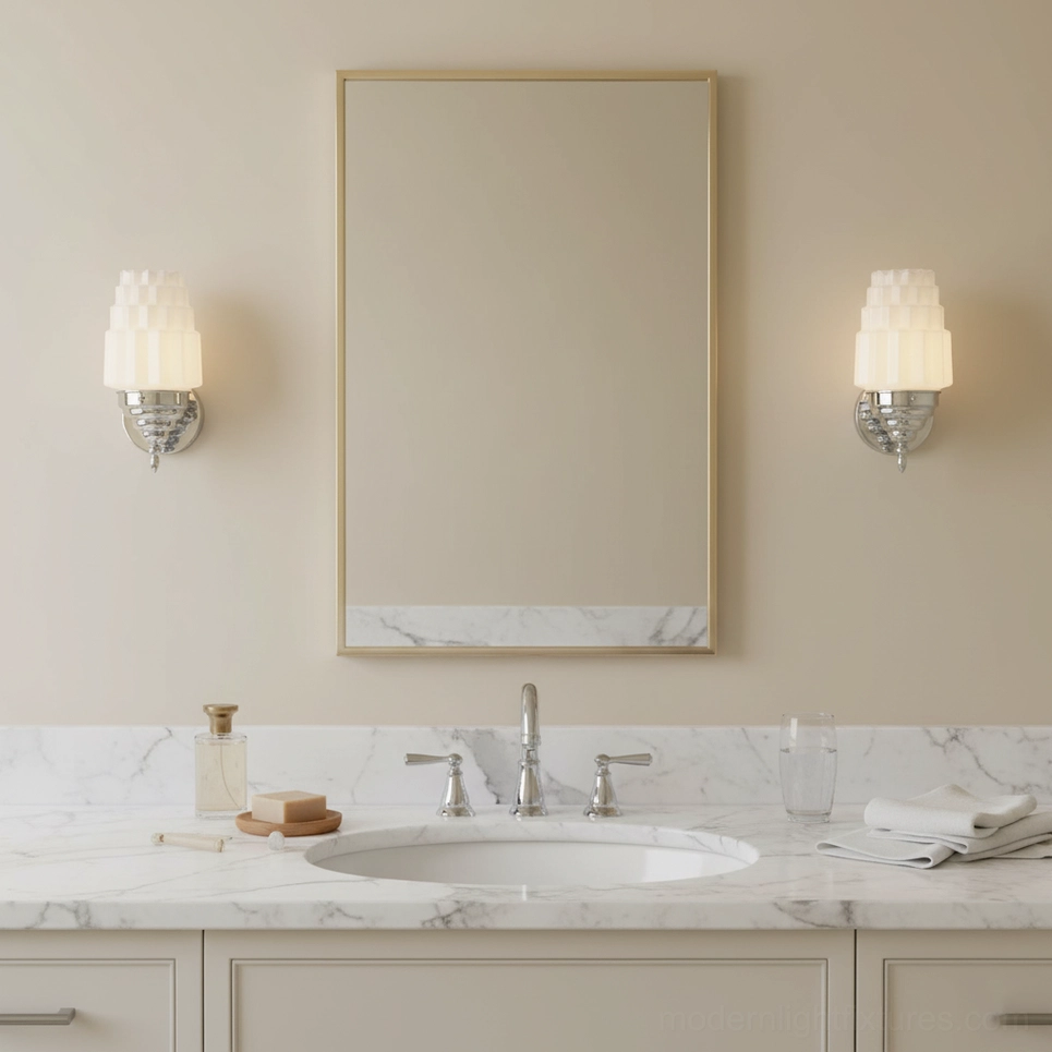 Clairmont chrome wall sconce paired bathroom vanity lighting marble countertop spa setting