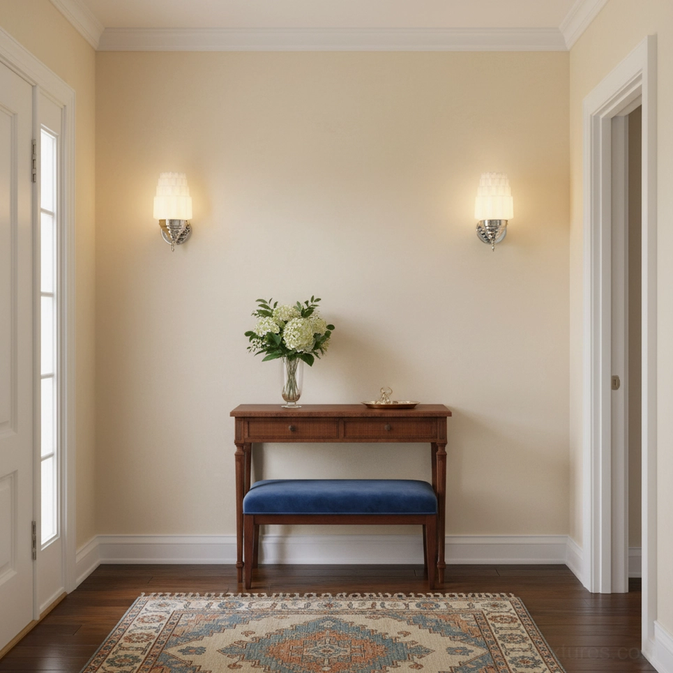 Clairmont frosted glass wall sconces hallway lighting wooden console table classic home