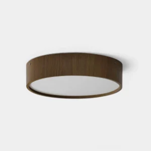 Clara modern wood ring ceiling light with dark grain finish, flat overhead view showcasing circular minimalist design