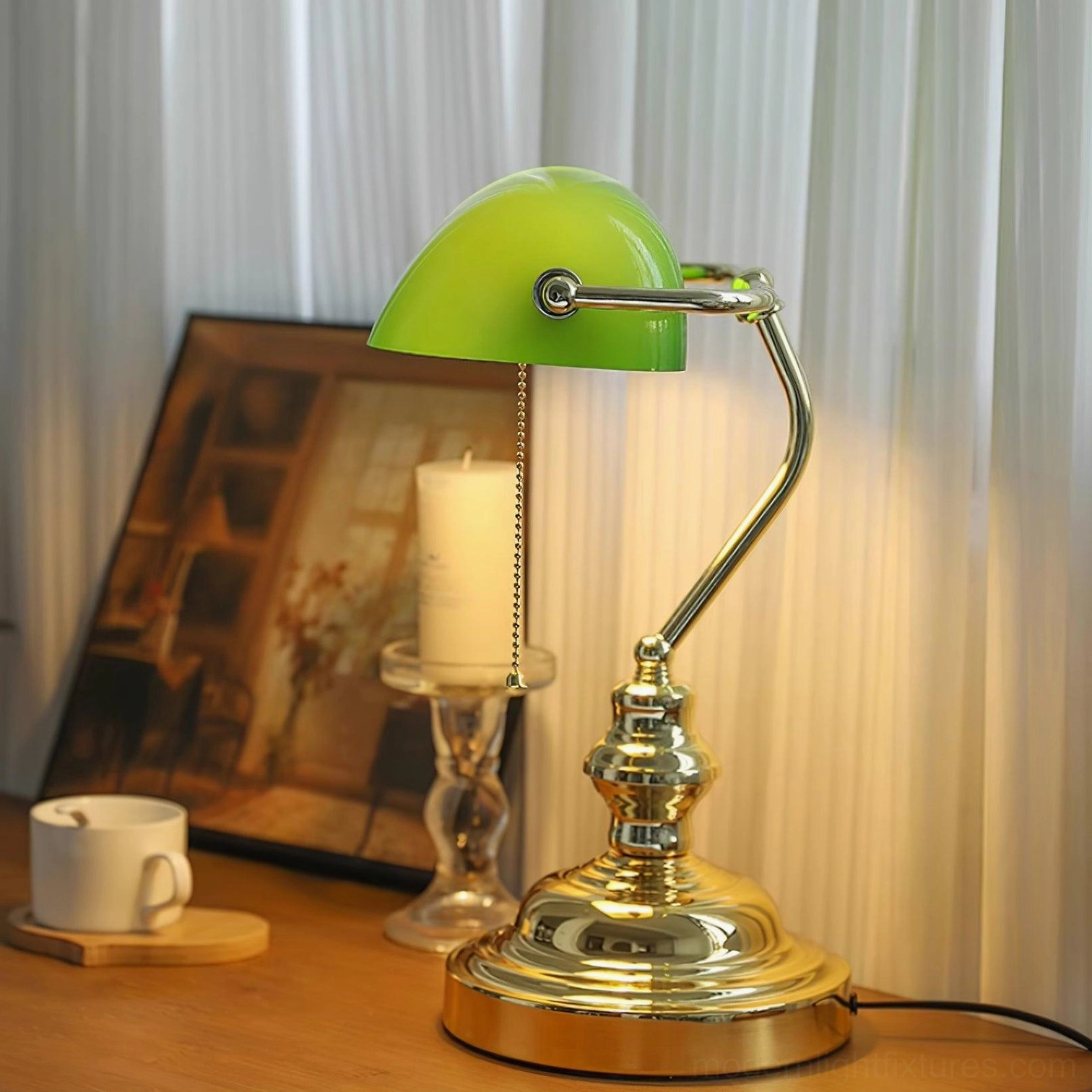 Classic banker table lamp with glass shade and metal base interior lighting