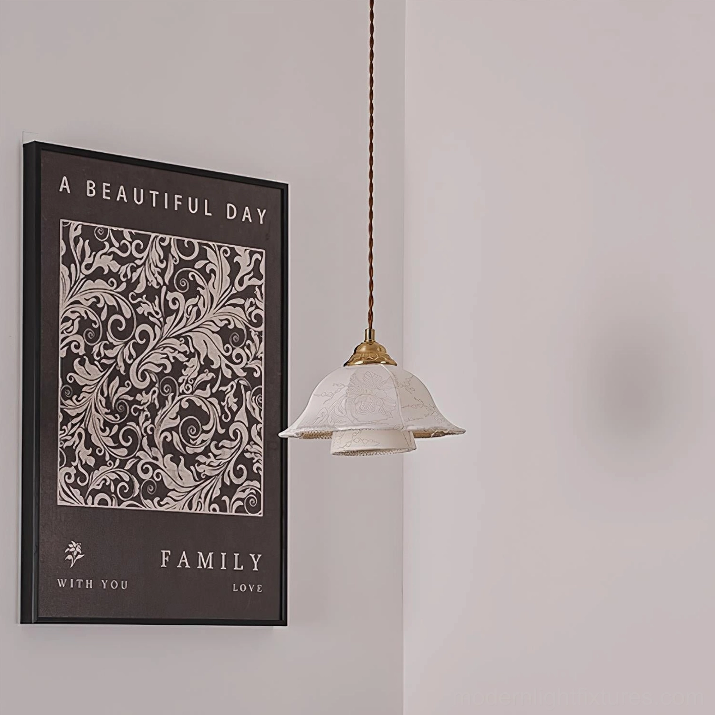 Classic dome-shaped fabric pendant lamp with brass hardware in residential interior setting