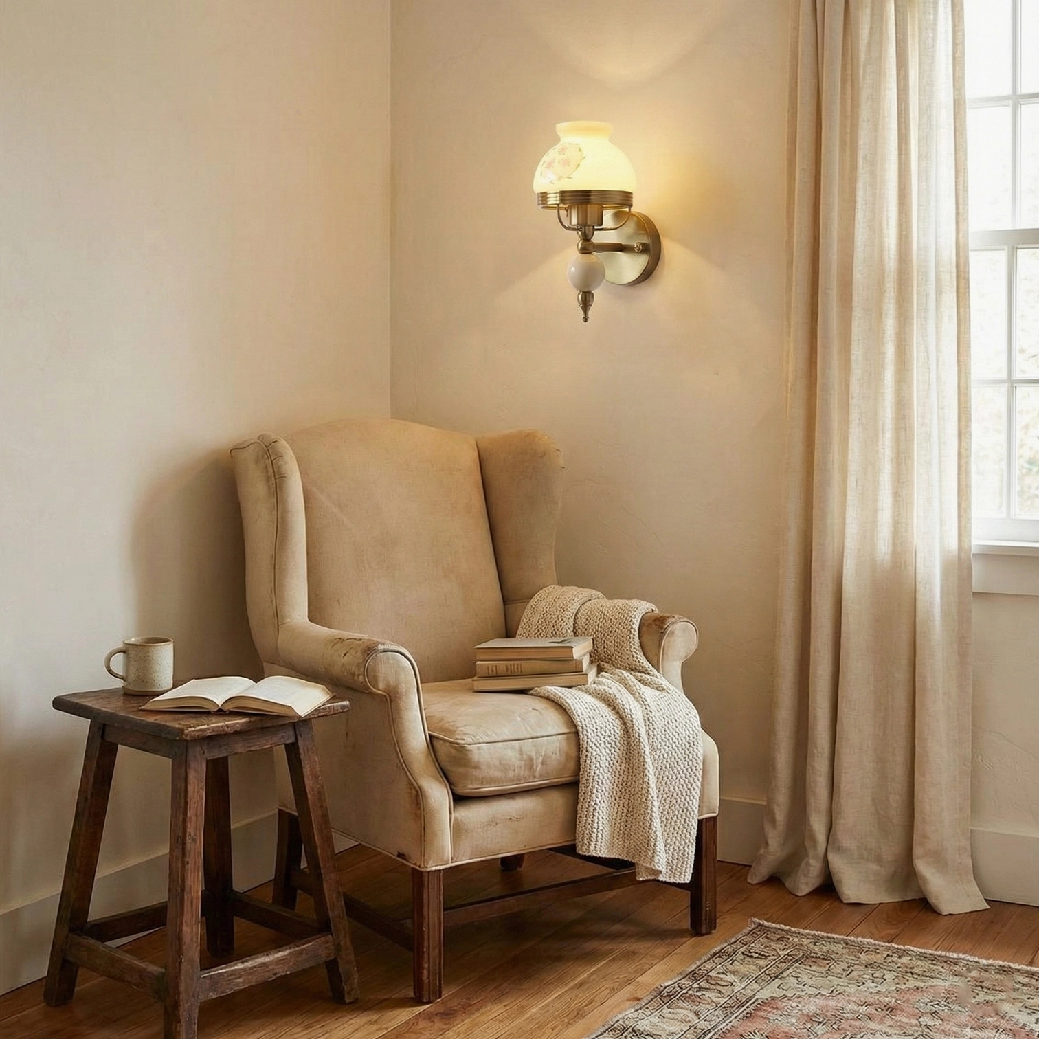 Classic retro wall sconce with warm vintage brass finish and decorative ceramic accent ball