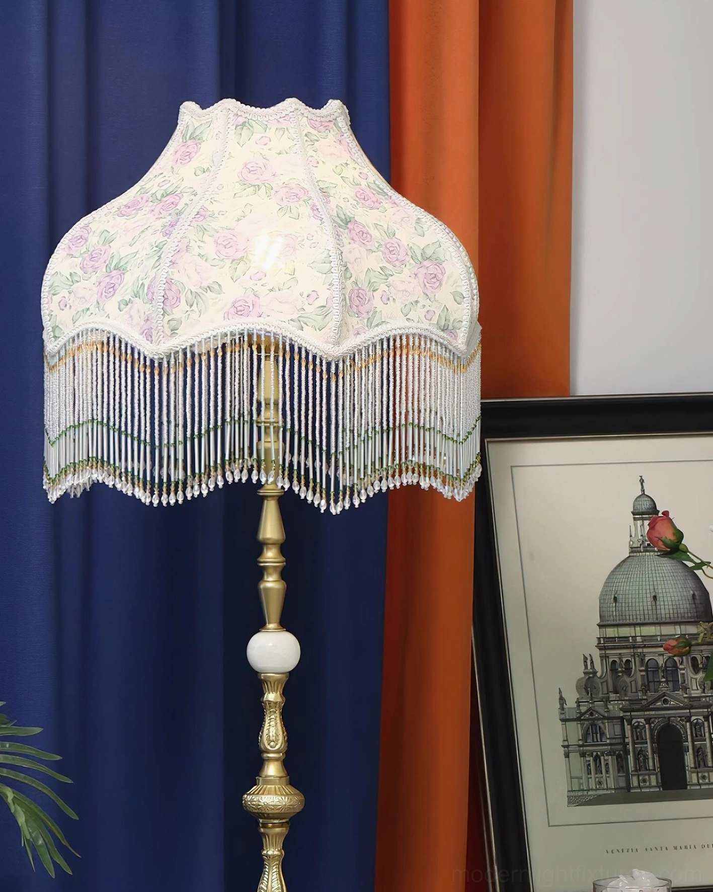 Classic Victorian floor lamp with fabric shade in period interior design setting
