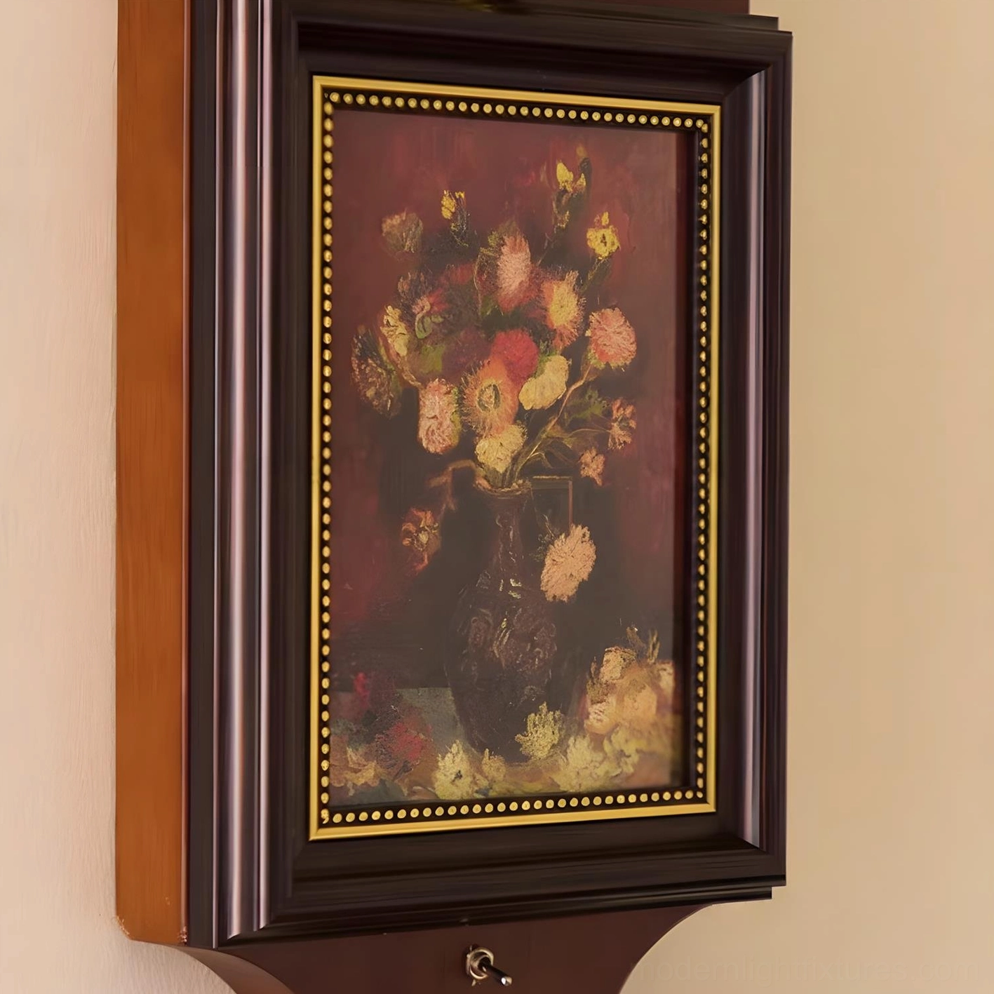 Classic vintage wall sconce with deep green glass and refined walnut wood backplate, close-up detail shot