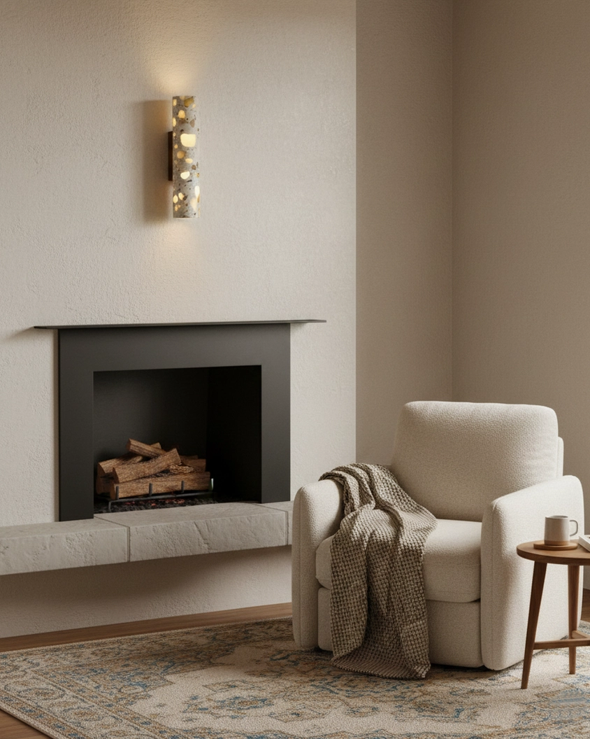 Terrazzo wall sconce mounted beside fireplace creating cozy ambient lighting with armchair and area rug