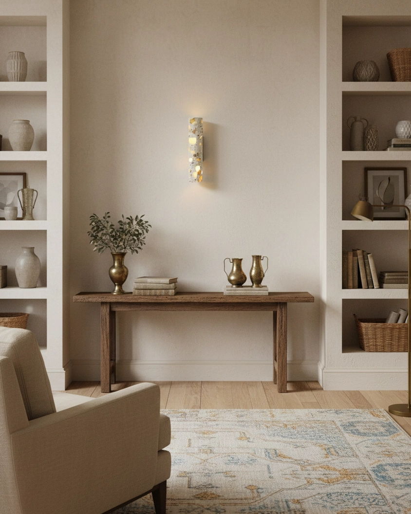 Clasten terrazzo wall sconce installed in modern living room with built-in bookshelves and neutral decor