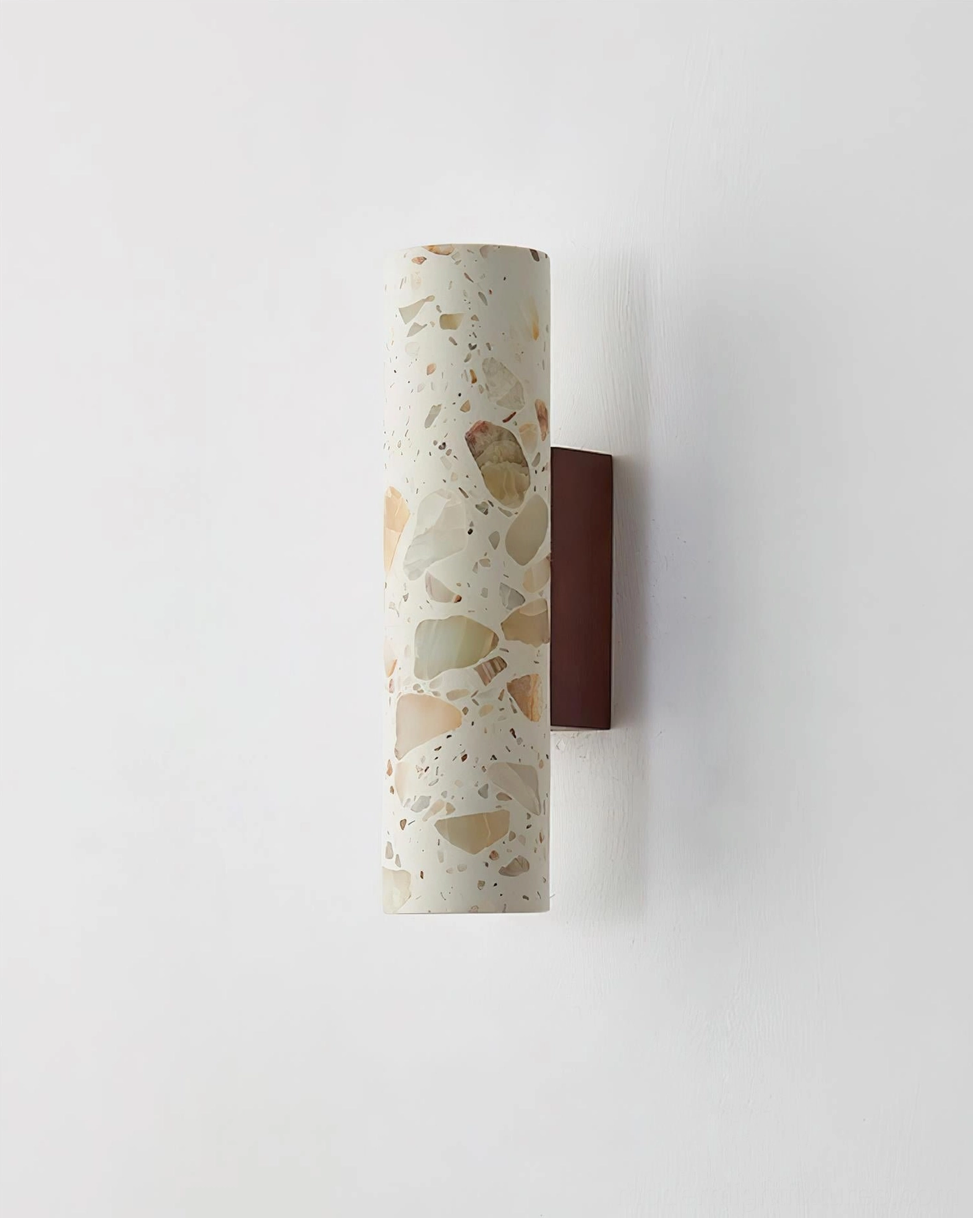 Scandinavian minimalist terrazzo wall sconce with clean geometric form and wood mounting bracket