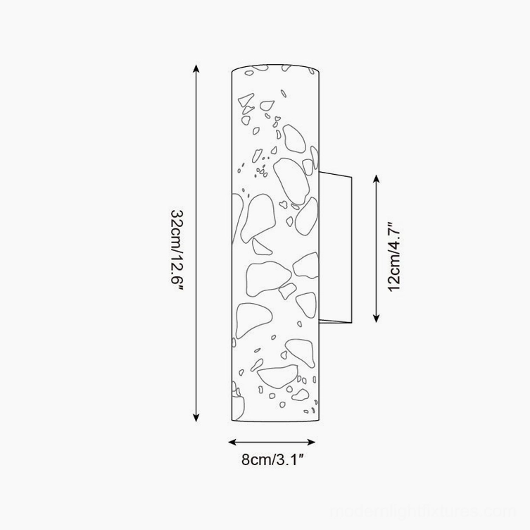 Technical orthographic drawing of Clasten terrazzo wall sconce 32cm height specification