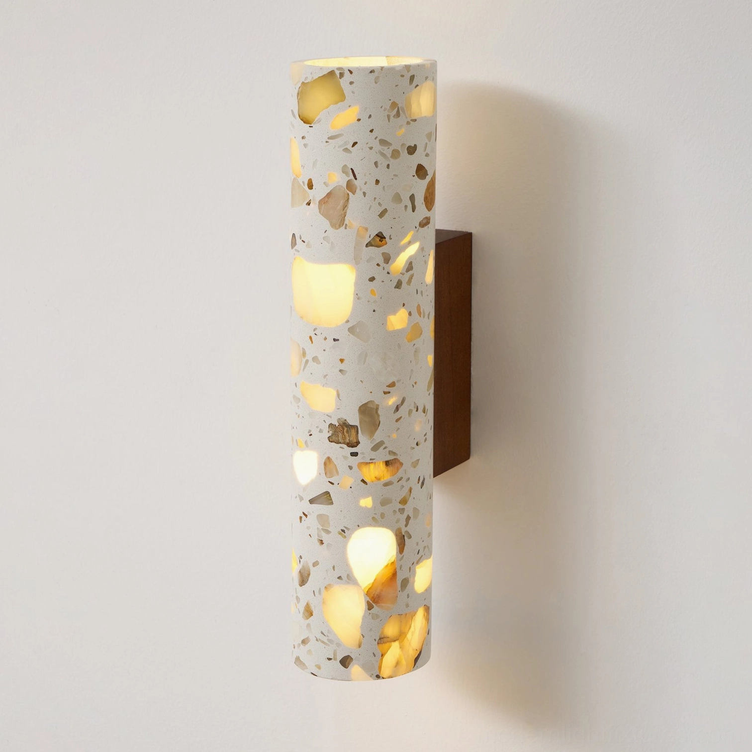 Terrazzo wall lamp detailed side view showing cylindrical shade depth and projection from wall