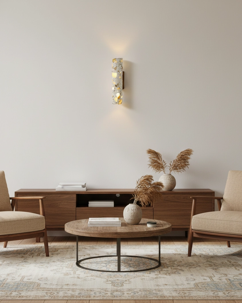 Modern terrazzo wall lamp positioned above media console in mid-century living room setting