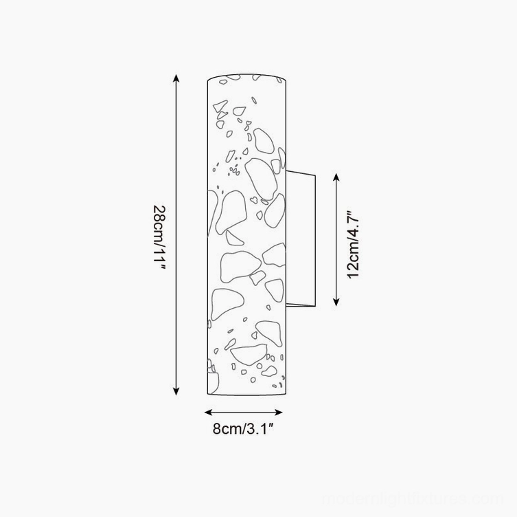 Technical orthographic drawing of Clasten terrazzo wall sconce 28cm height specification