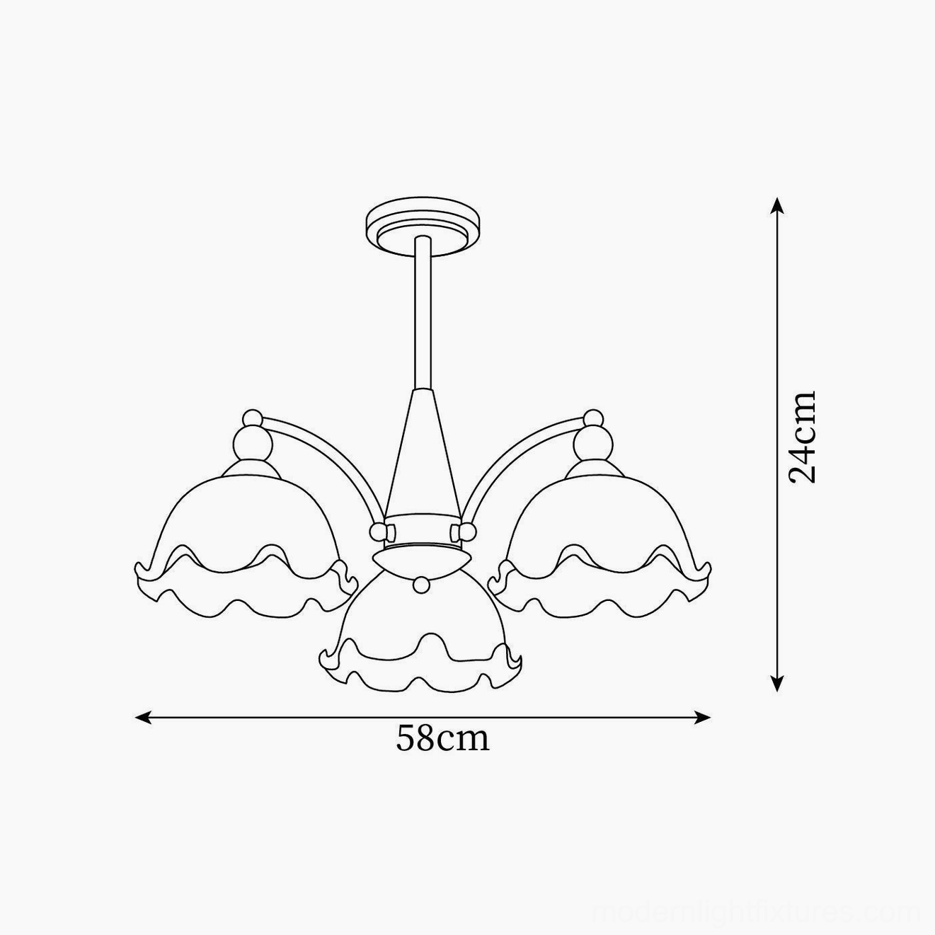 Claudia 3-head Floral Chandelier dimension diagram specifications 58cm width 24cm height