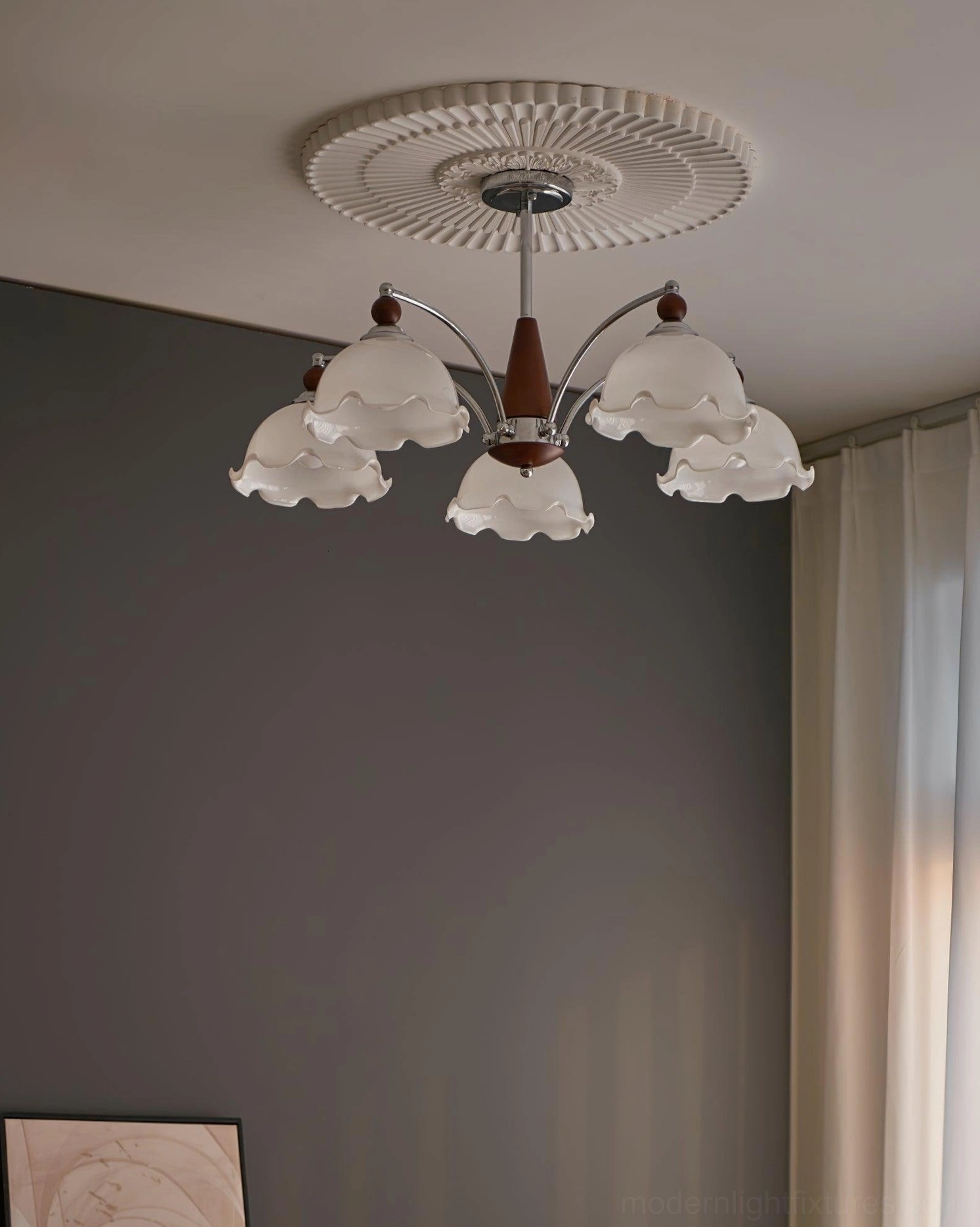 3-head Claudia Floral Chandelier frosted glass shades bedroom dark walls installation