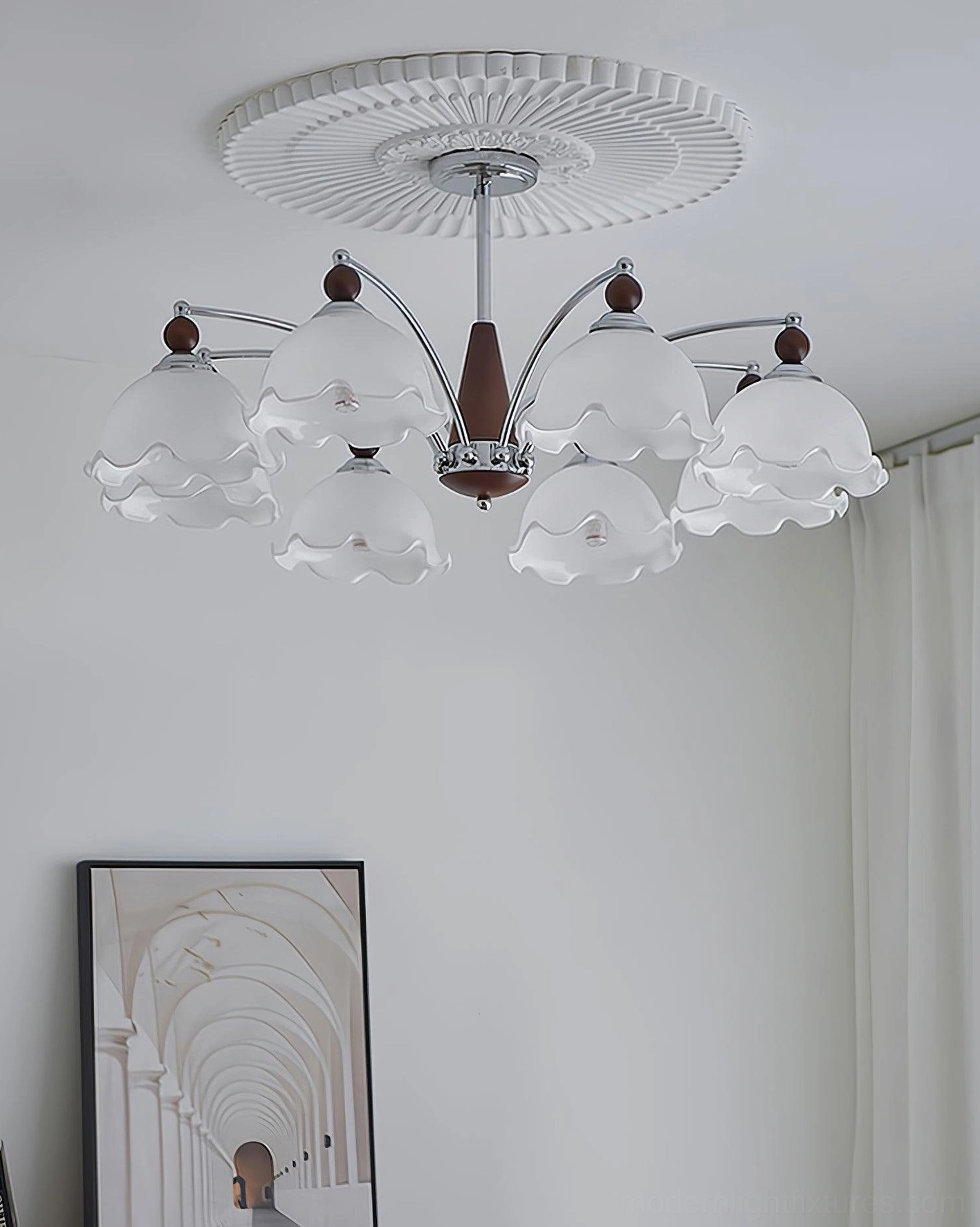 Claudia Floral Glass Chandelier bottom view frosted white shade arrangement