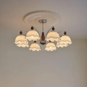 Claudia Floral Chandelier installed on ceiling in minimalist living room with embossed rose