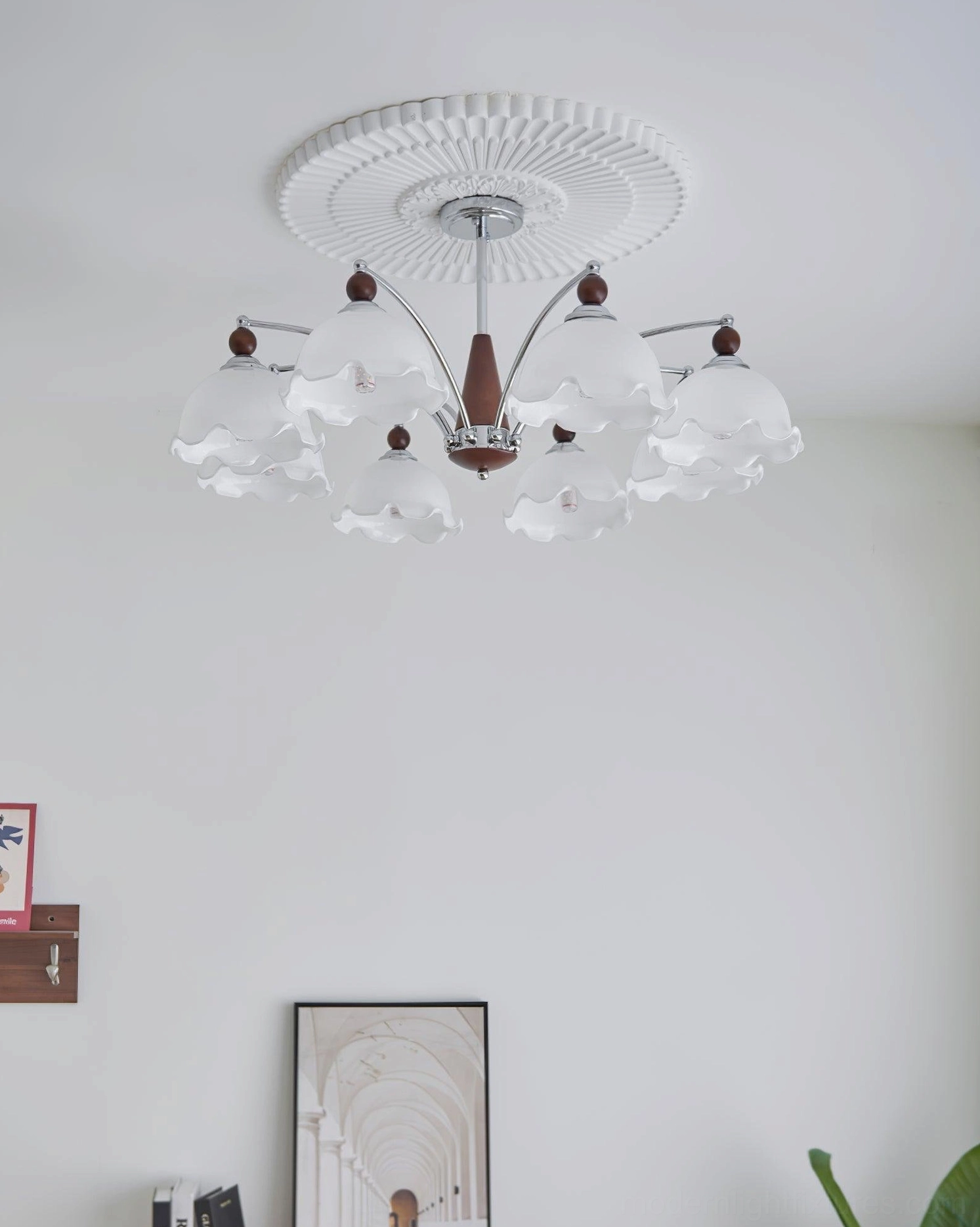 Claudia Vintage Floral Chandelier walnut wood central component metal frame details