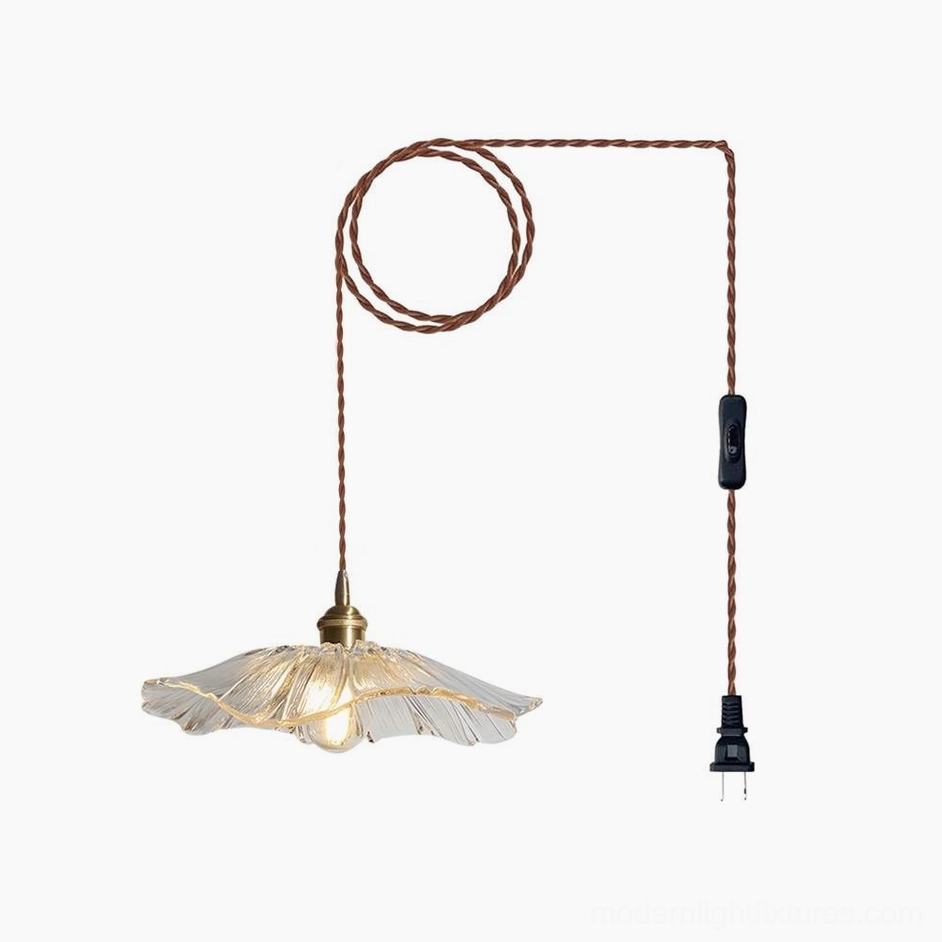 Clear flower glass pendant light transparent shade with brass hardware and cord