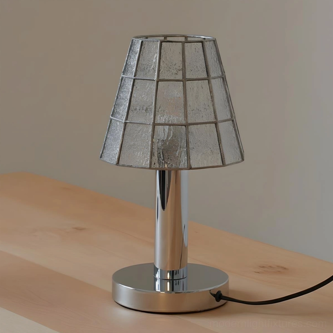 Clear frosted geometric stained glass table lamp with polished chrome pedestal base