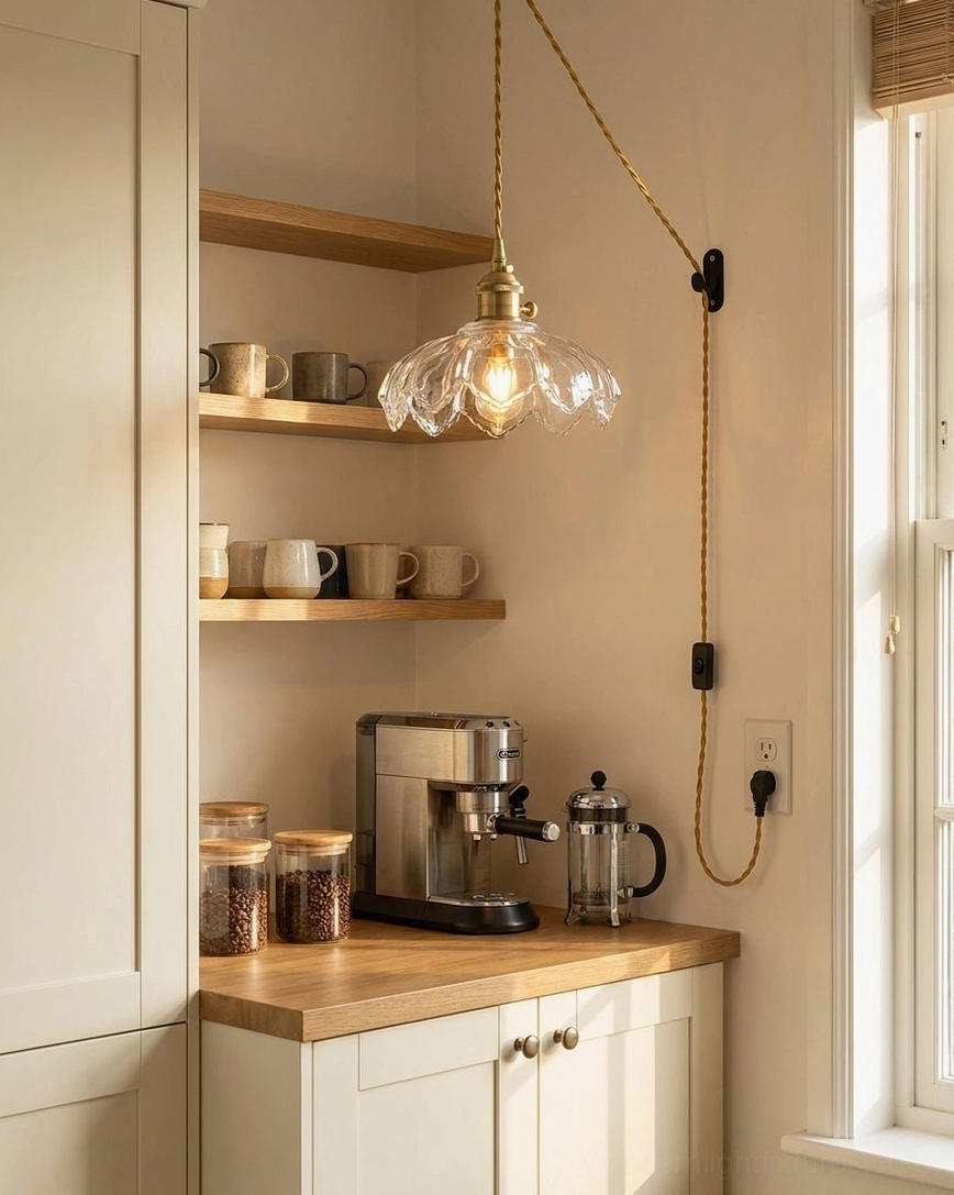 Clear scalloped glass pendant light with soft ambient illumination in home coffee nook area