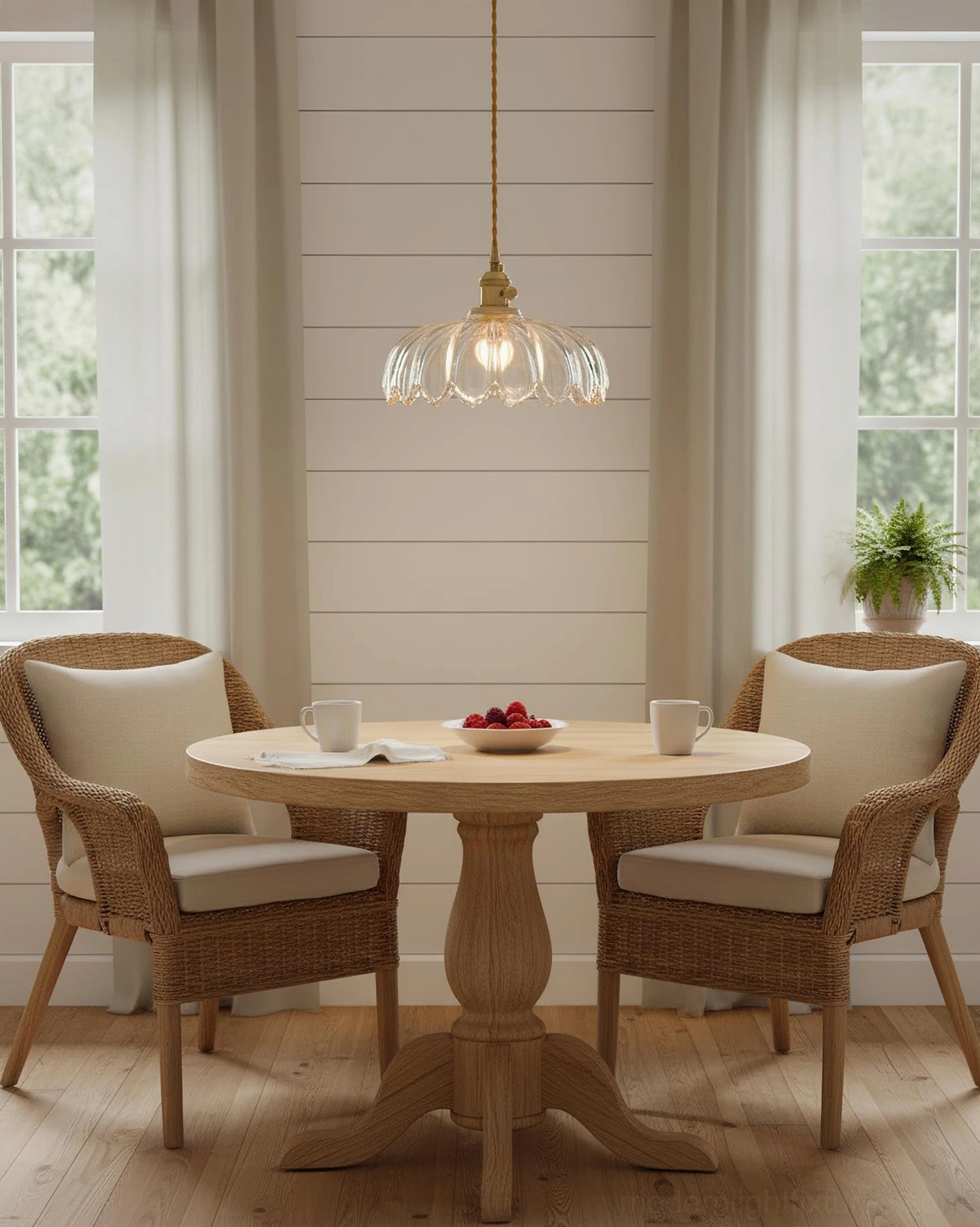 Clear fluted glass pendant light in farmhouse dining room with brass hardware