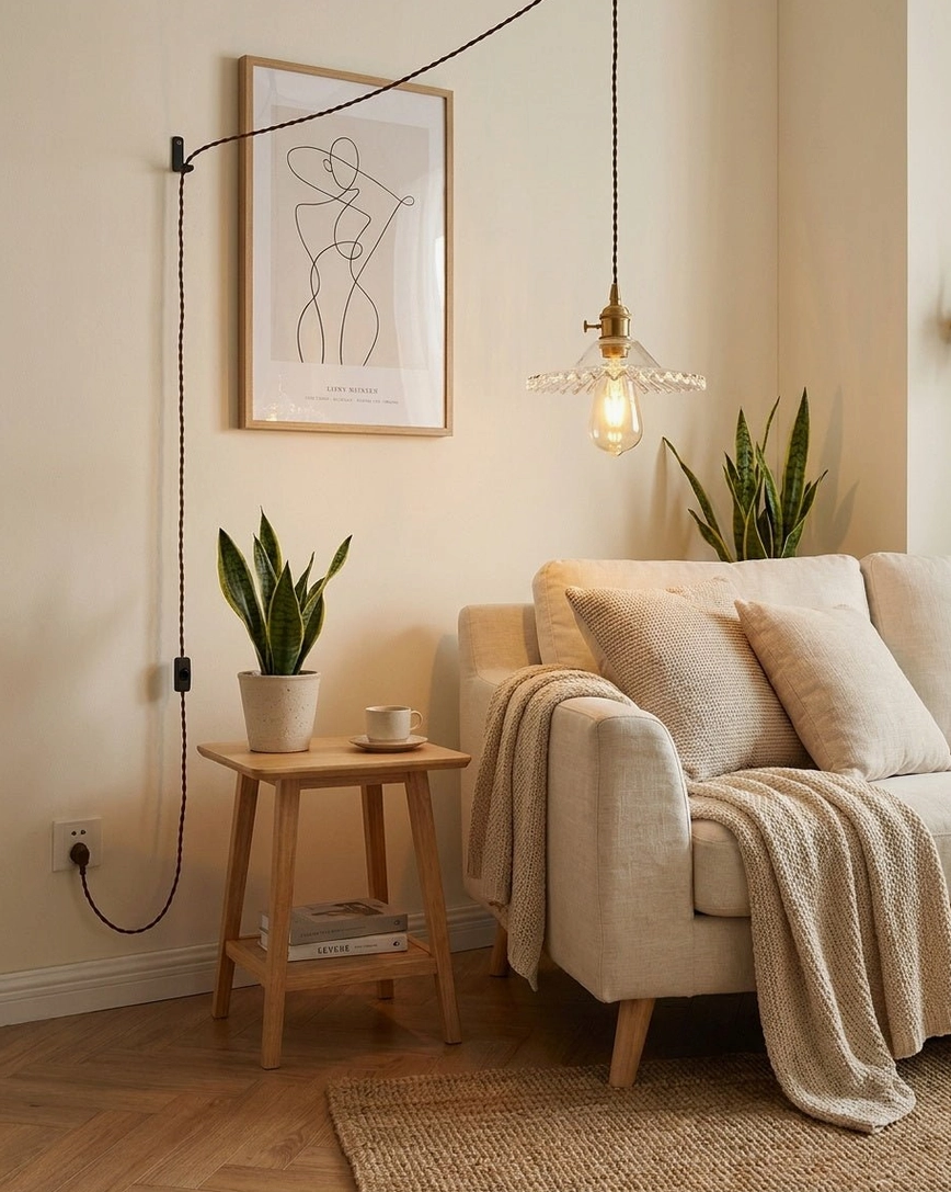 Clear glass plug-in pendant light with gold vine frame in modern living room, overhead view showing shadow patterns