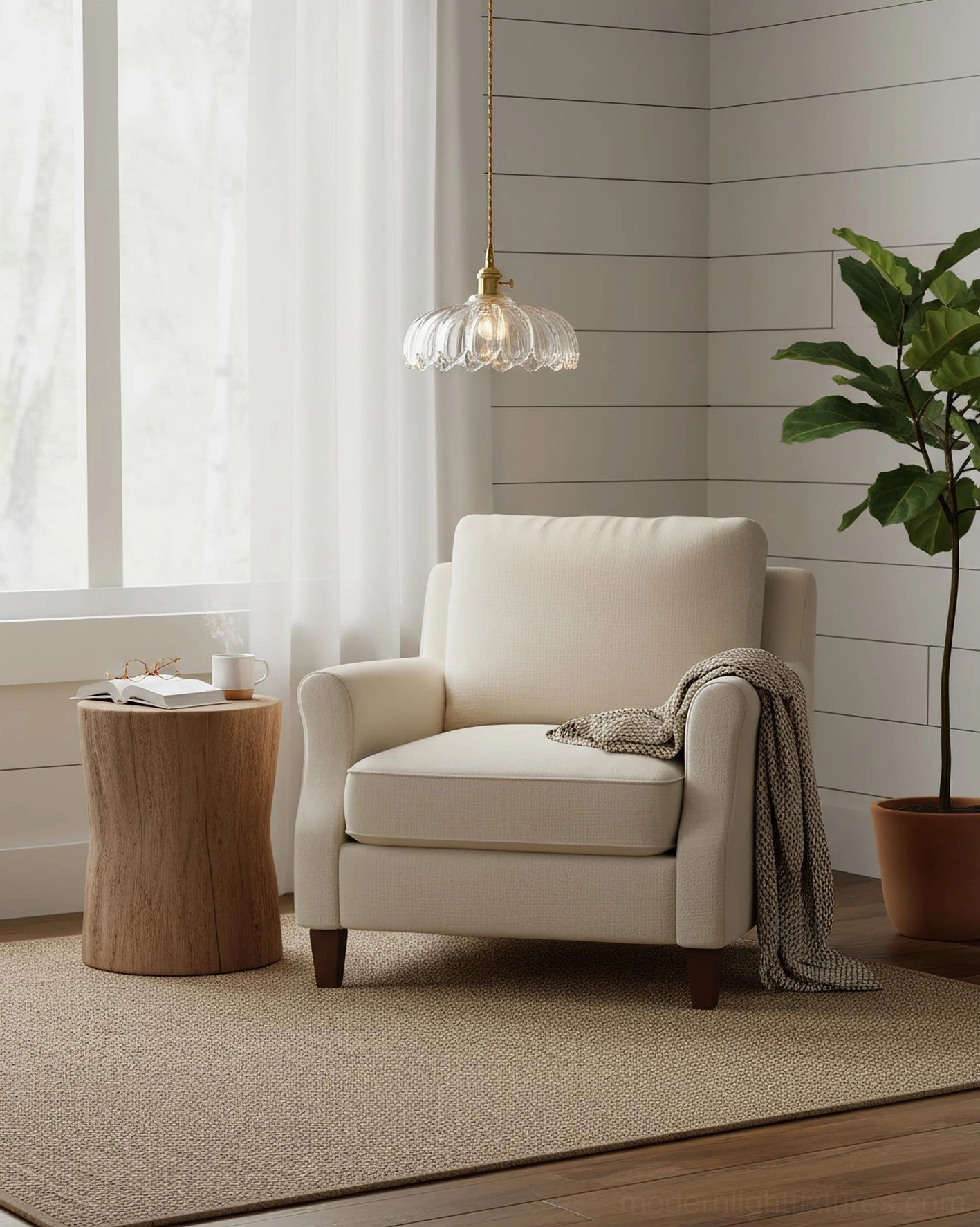 Clear ribbed glass pendant light in modern farmhouse living room setting