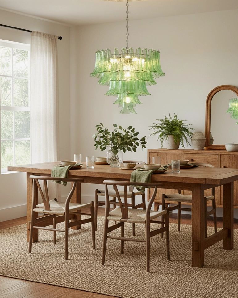 Clear glass petal chandelier casting warm ambient light in sophisticated living space with plants