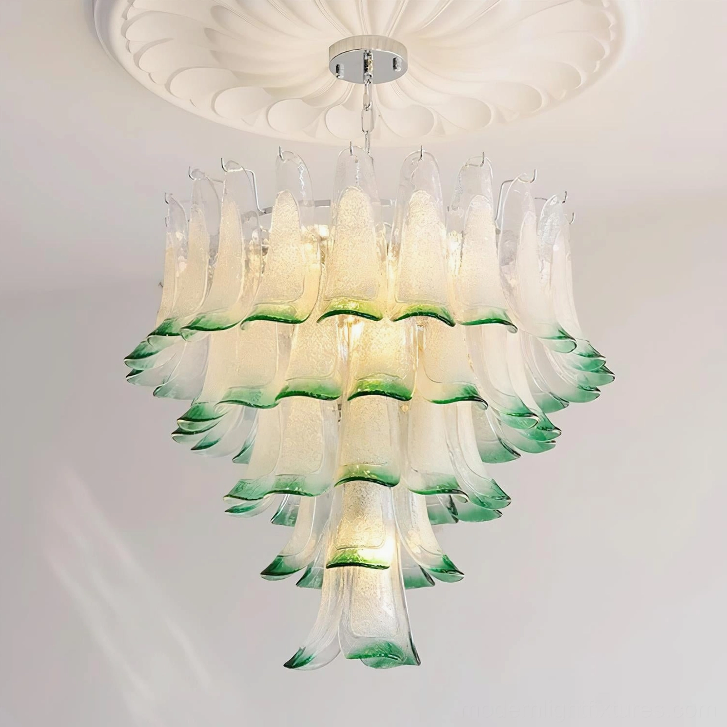 Clear green hand-blown petal chandelier 5-layer 68cm showing elegant glass color variation