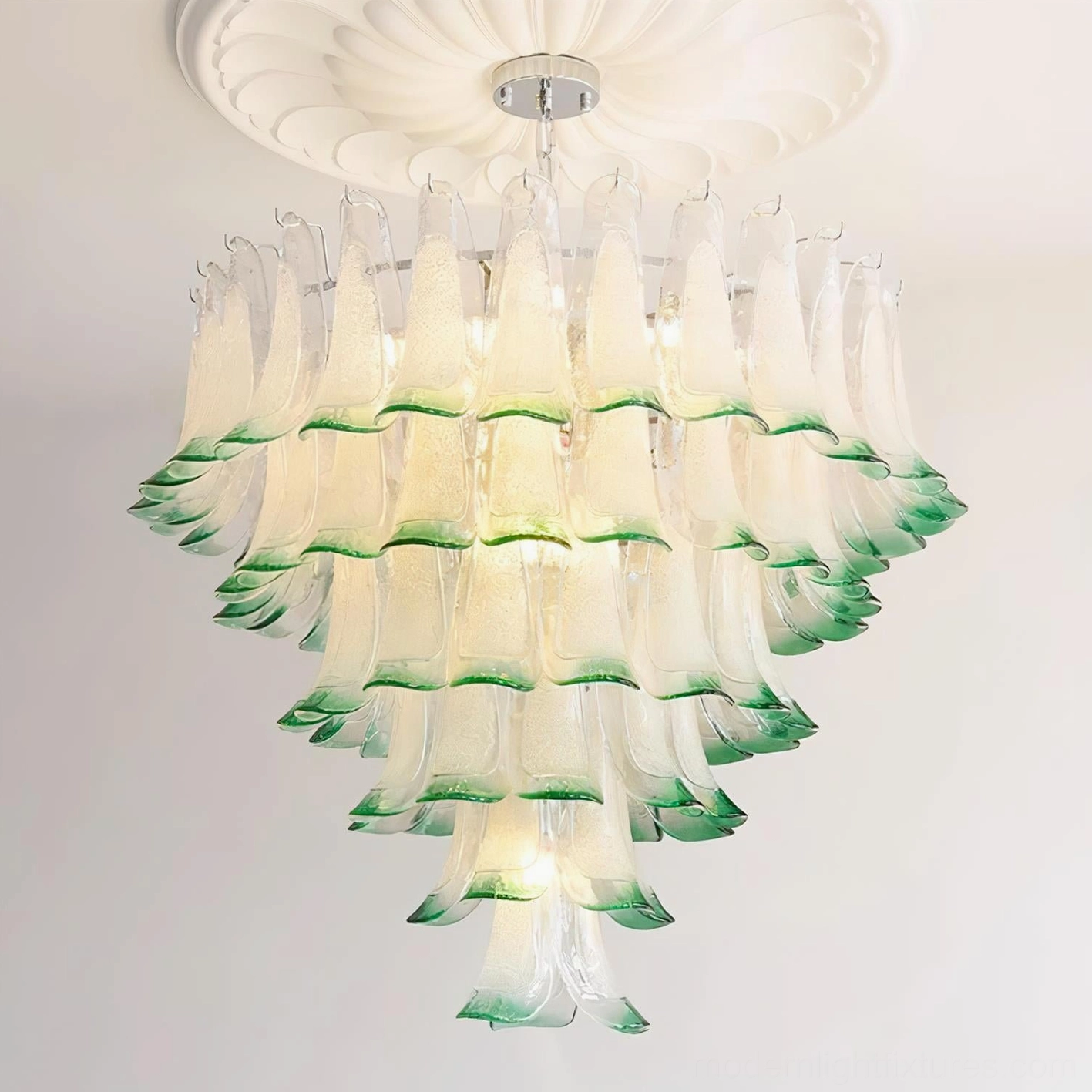 Clear green Murano glass petal chandelier 6-layer configuration 88cm diameter top view