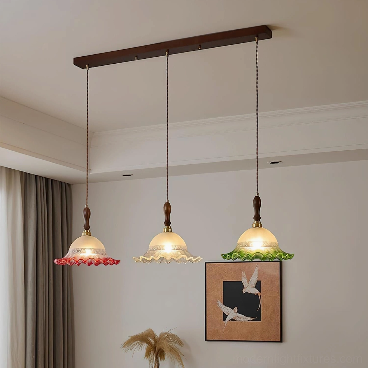 Clear frosted glass pendant shade with ruffled edge and brass hardware fixture