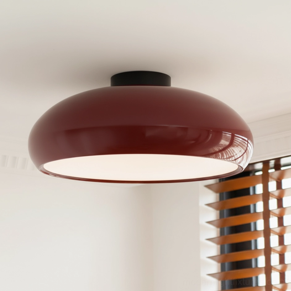 Clementine modern flush mount ceiling light - dark red burgundy glossy finish with black mounting base, studio view