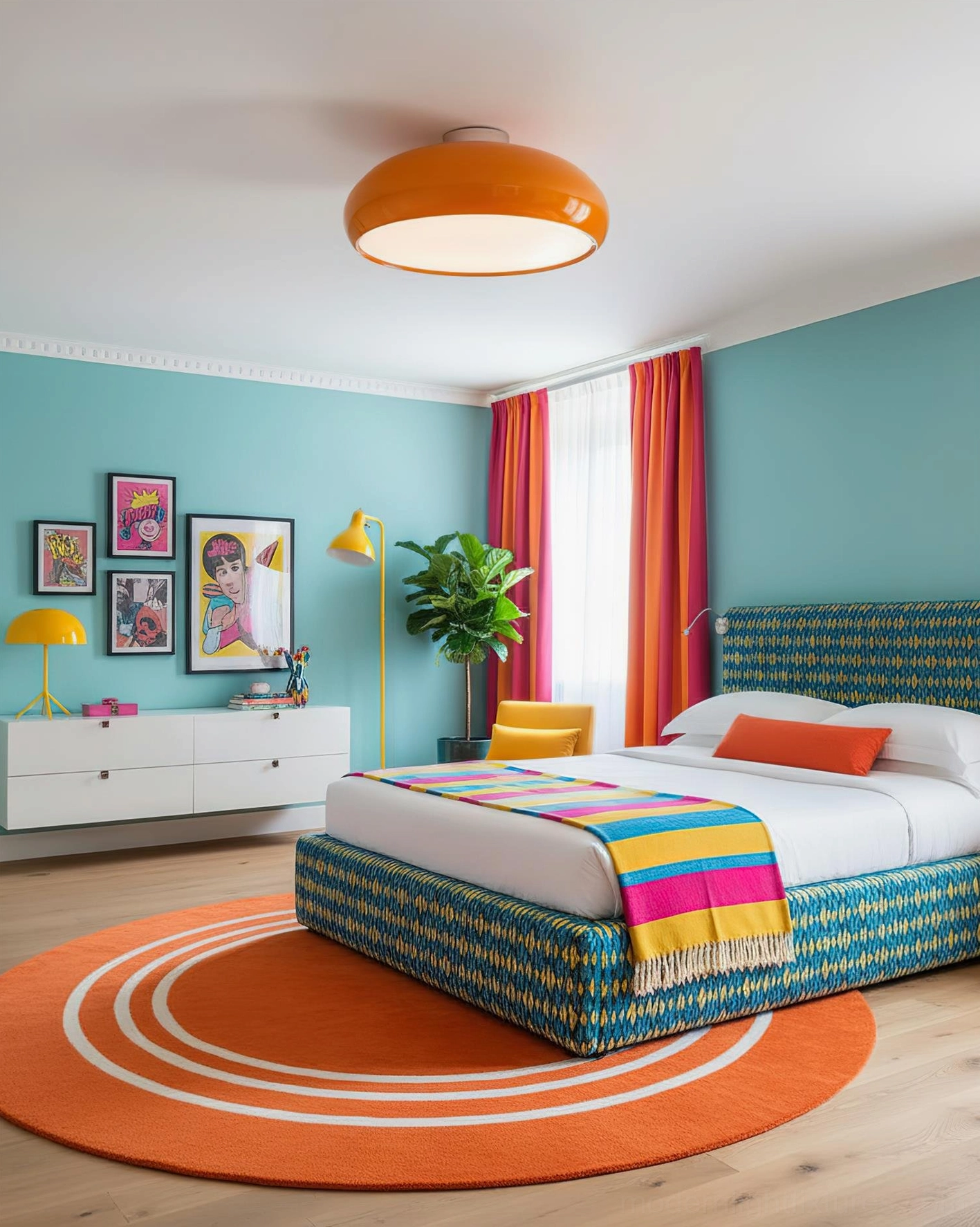 Modern orange ceiling light fixture in contemporary bedroom with teal walls and mid-century furnishings